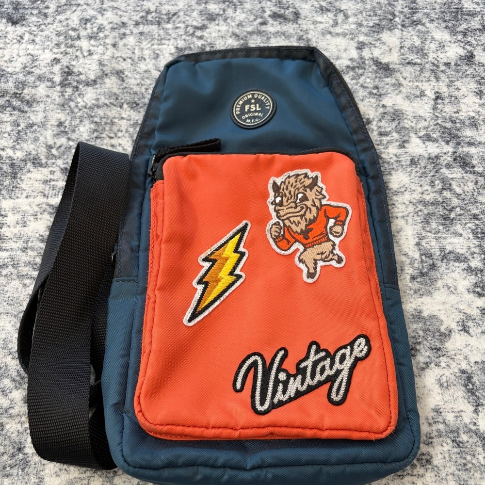 Fossil Sport Patch Nylon Sling Bag Blue Orange Mens Crossbody Travel Backpack